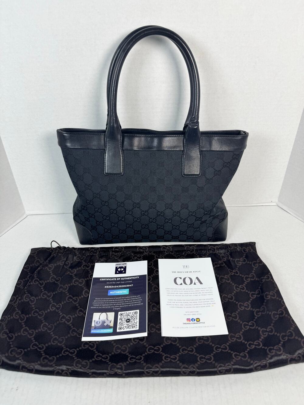 Gucci Black GG Canvas Tote Shoulder Bag Leather Trim w/ COA Dust Bag